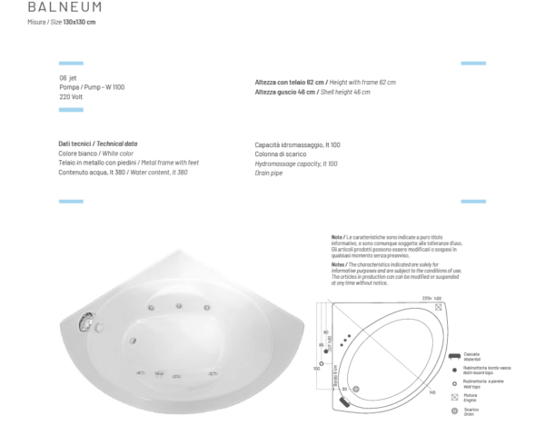 VASCA BALNEUM CON IDROMASSAGGIO 130X130 - JETFUN - immagine 3